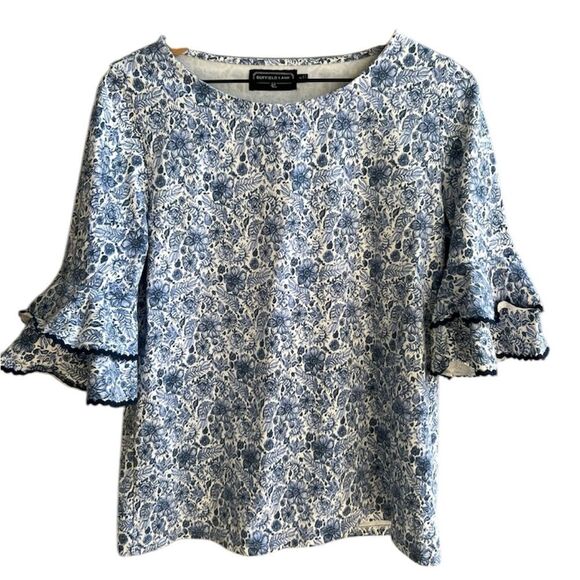Duffield Lane Floral Blue Top with Ruffle Sleeves Tiered Ribbon Trim Medium - Picture 1 of 9